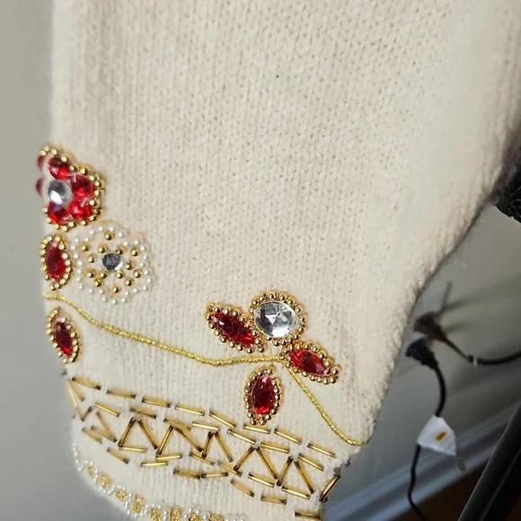 Pierre Cardin Cream Red Embellished Cardigan Sweater Size Large Vintage - Picture 8 of 13